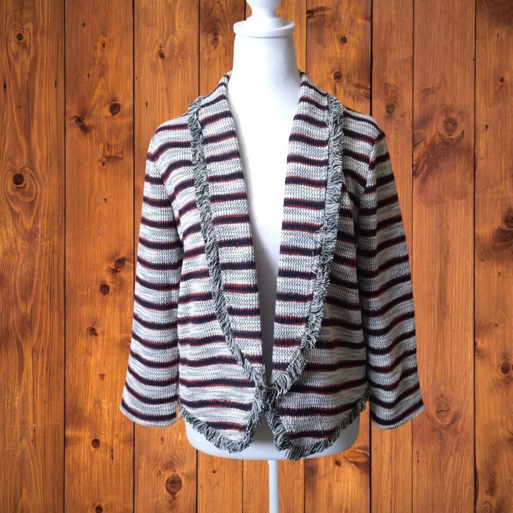 Express Women's Medium Striped Open Front Boucle Fringe Accent Blazer Jacket